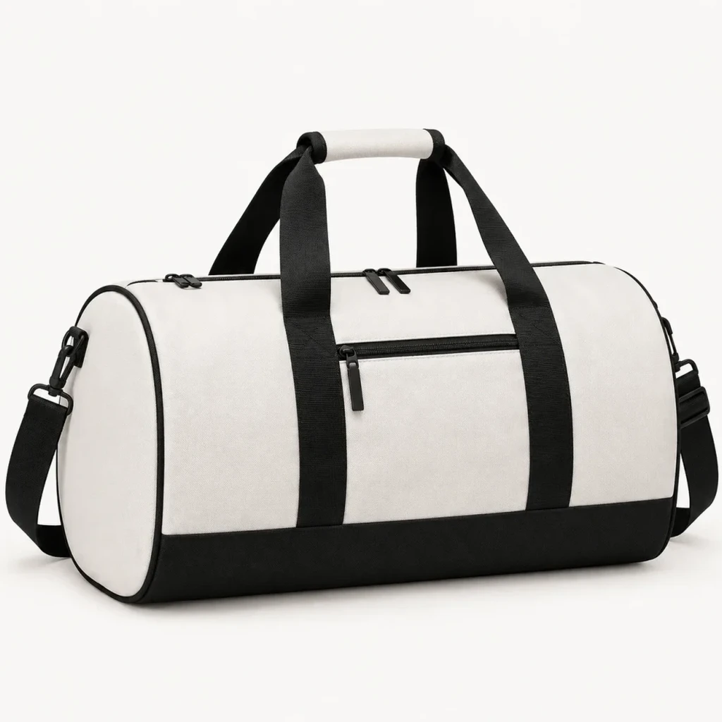 Heavy-duty canvas barrel duffle bag with contrast webbing straps