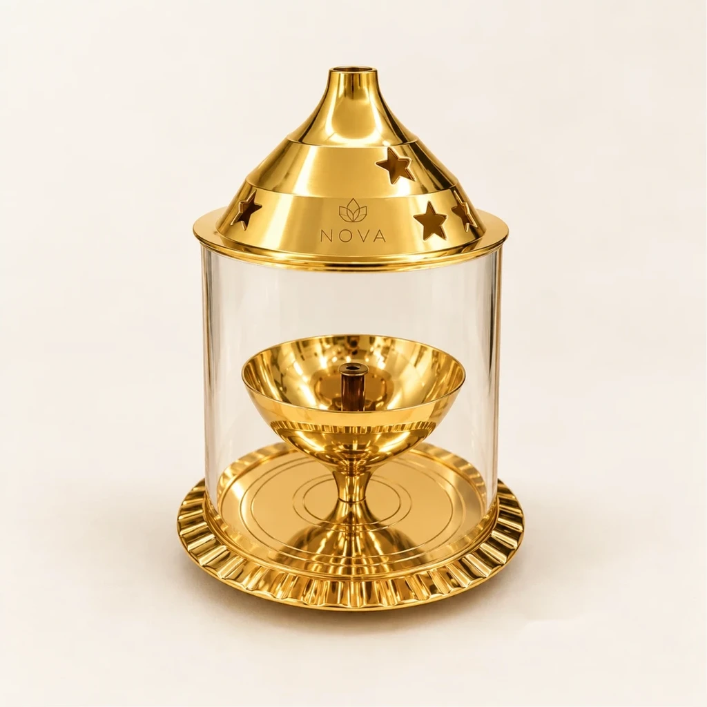 Akhand Diya with Borosilicate Chimney & Brass Star Lid