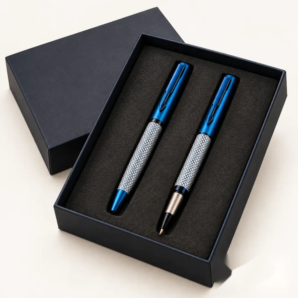 Anodized Blue Guilloche Twin Metal Pen Set