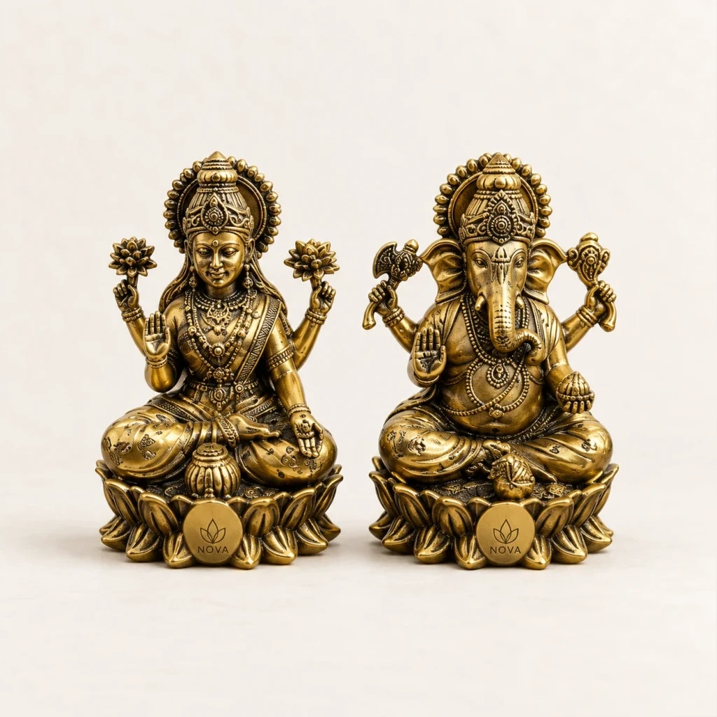 Handcrafted antique finish solid brass devotional idols on lotus pedestal