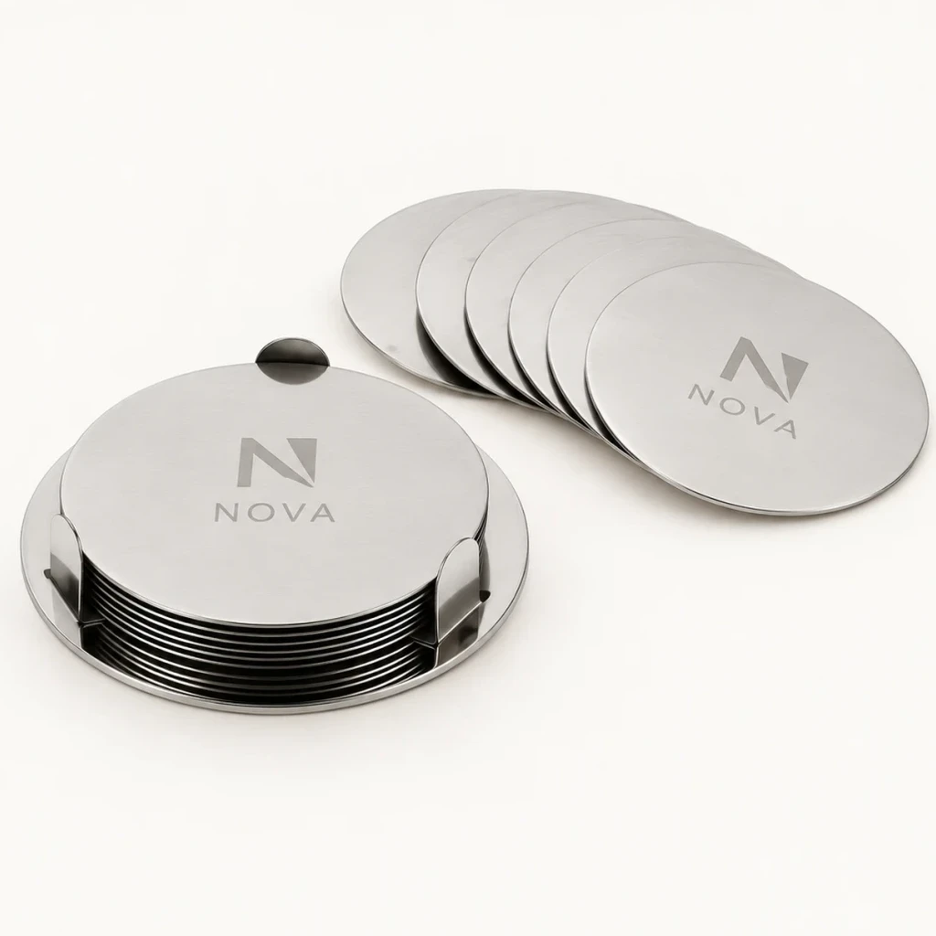 Brushed Stainless Steel Coaster Set with Stand