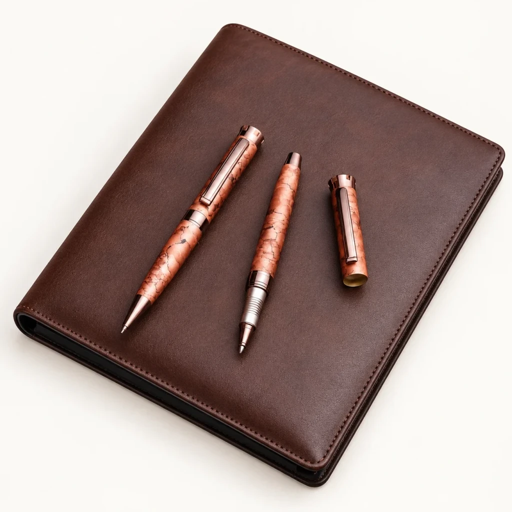 Chocolate Leatherette Journal & Burlwood Pen Set