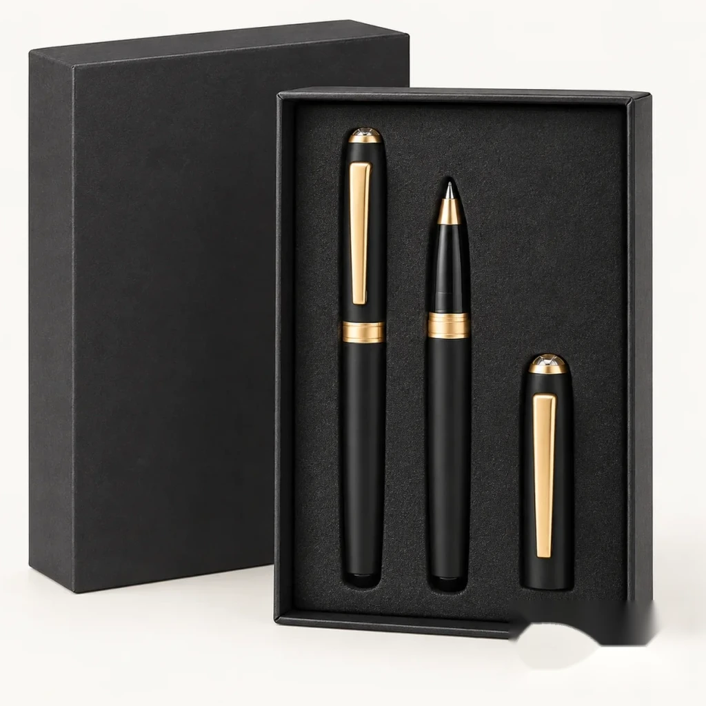 Executive rollerball and ballpoint twin pen set in matte black and gold