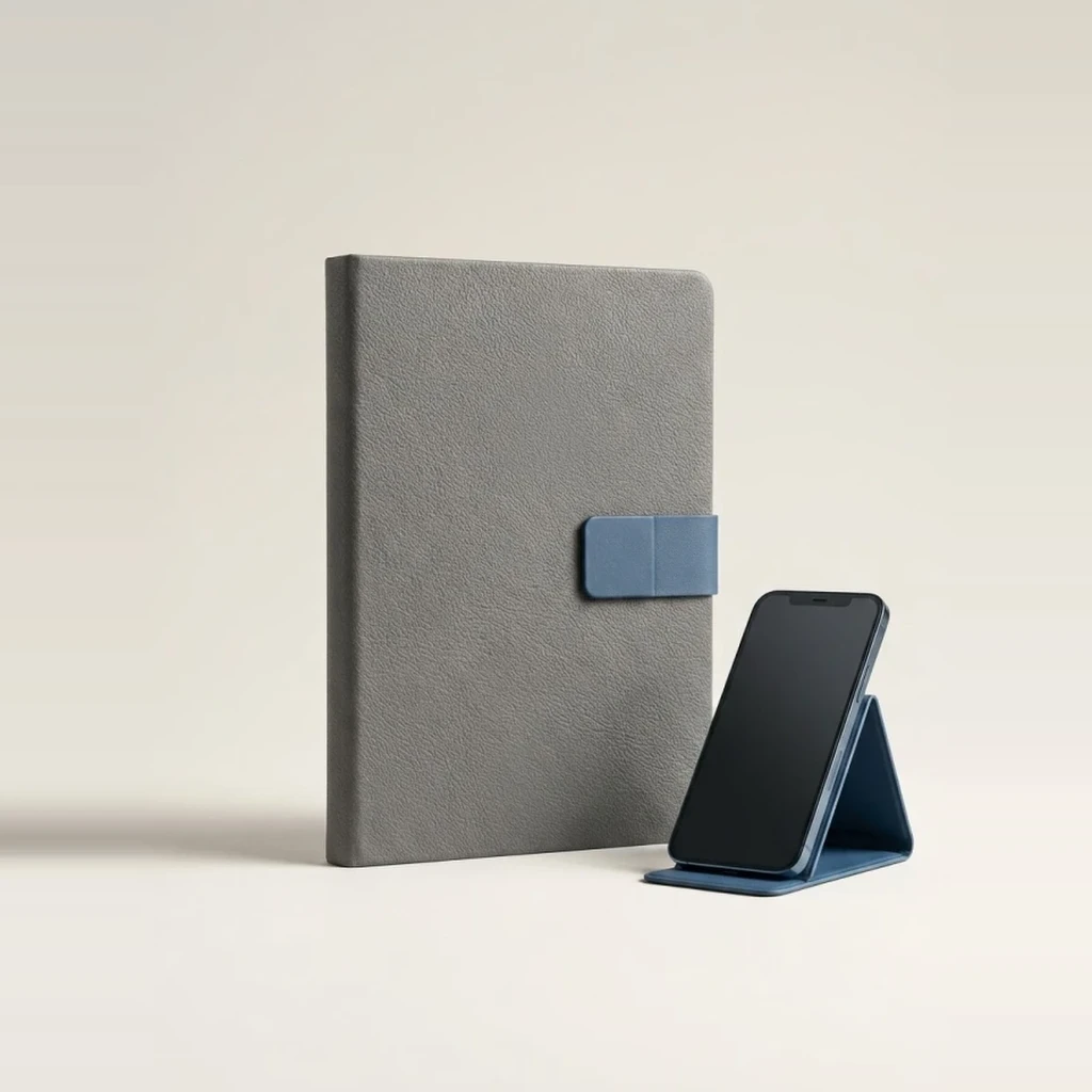 Cloud suede notebook with integrated folding mobile phone stand