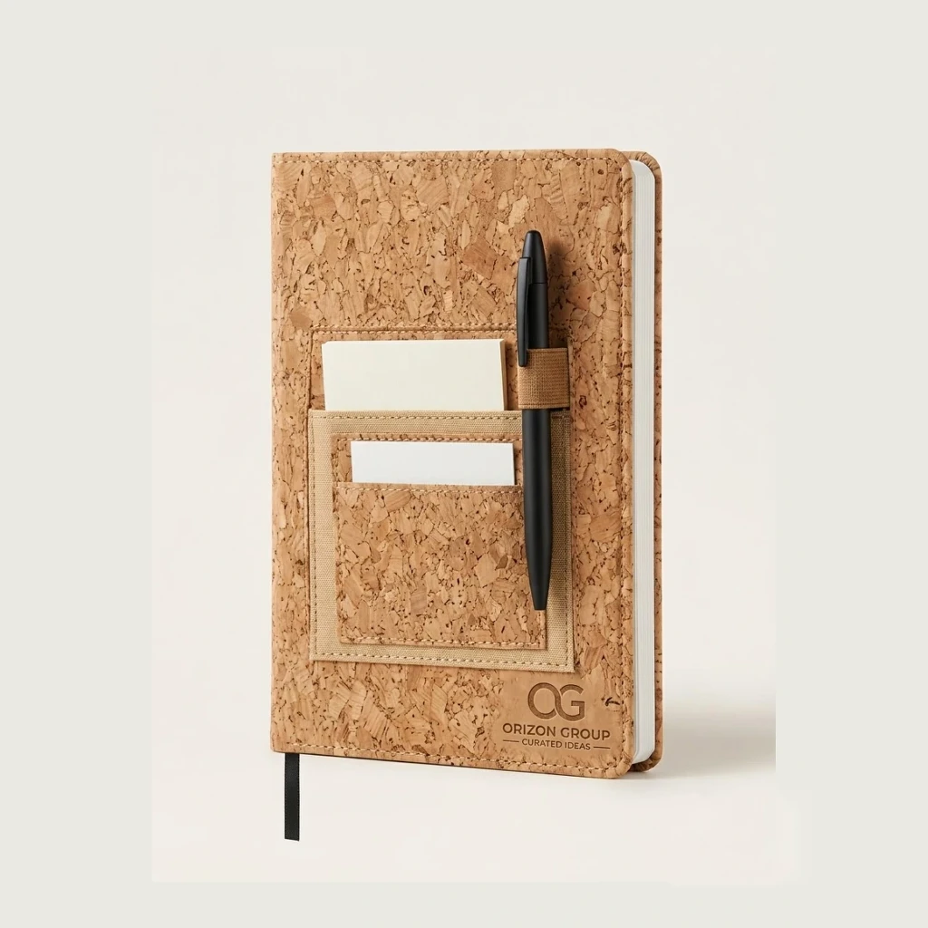 Cork Pro sustainable eco-notebook with front canvas pocket and pen
