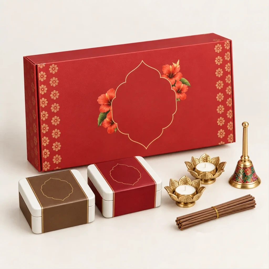 Curated festive gift hamper in rigid crimson presentation box