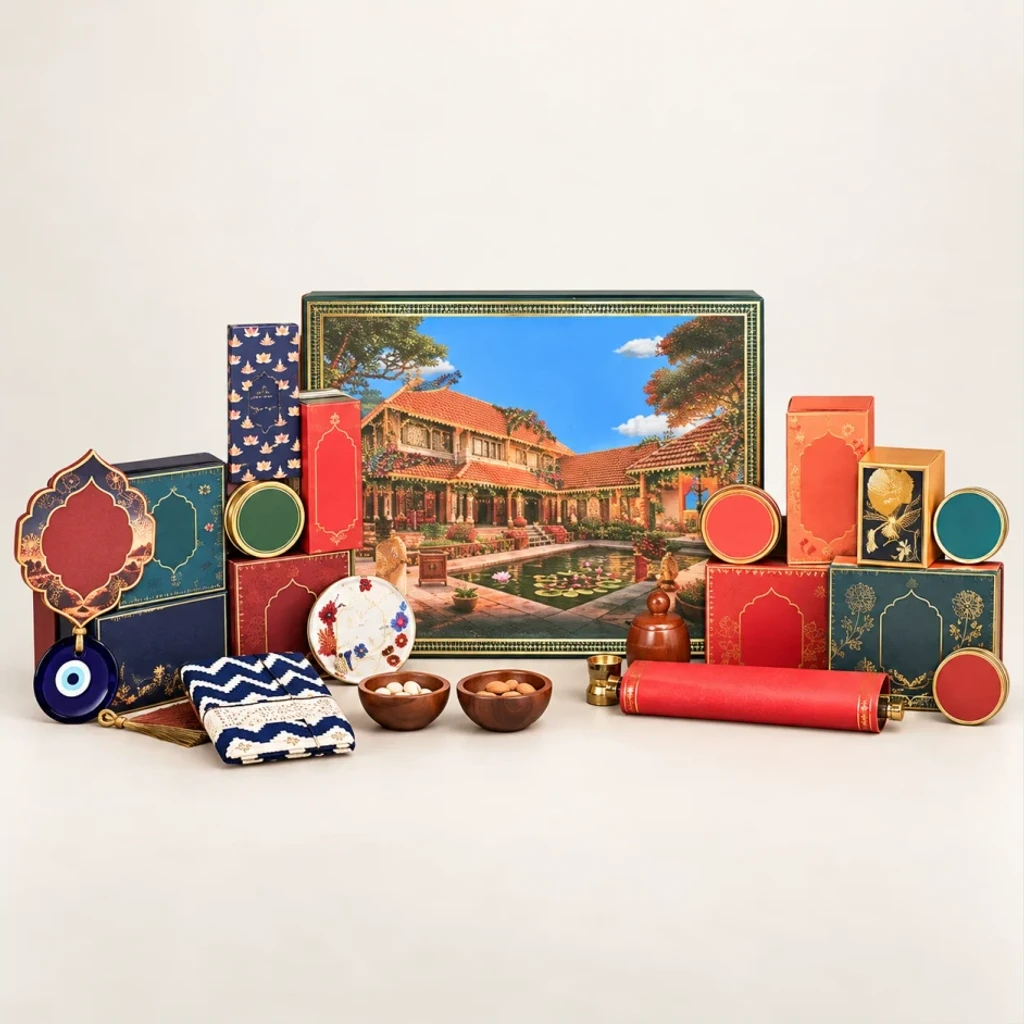 Heritage courtyard luxury festive gift hamper with brass diya and dry fruit jars