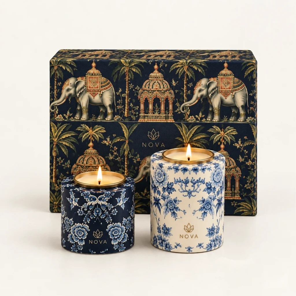 Indigo & Ivory Chintz Ceramic Candle Duo