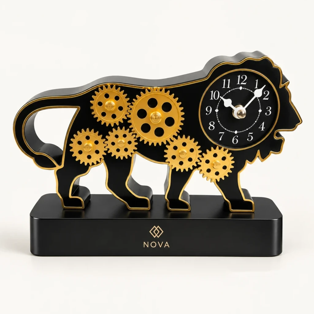 Industrial Lion Cogwheel Plinth Desk Clock