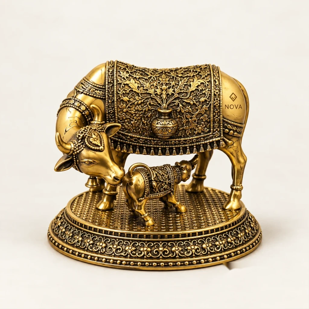 Kamdhenu Cow & Calf Antique Brass Idol
