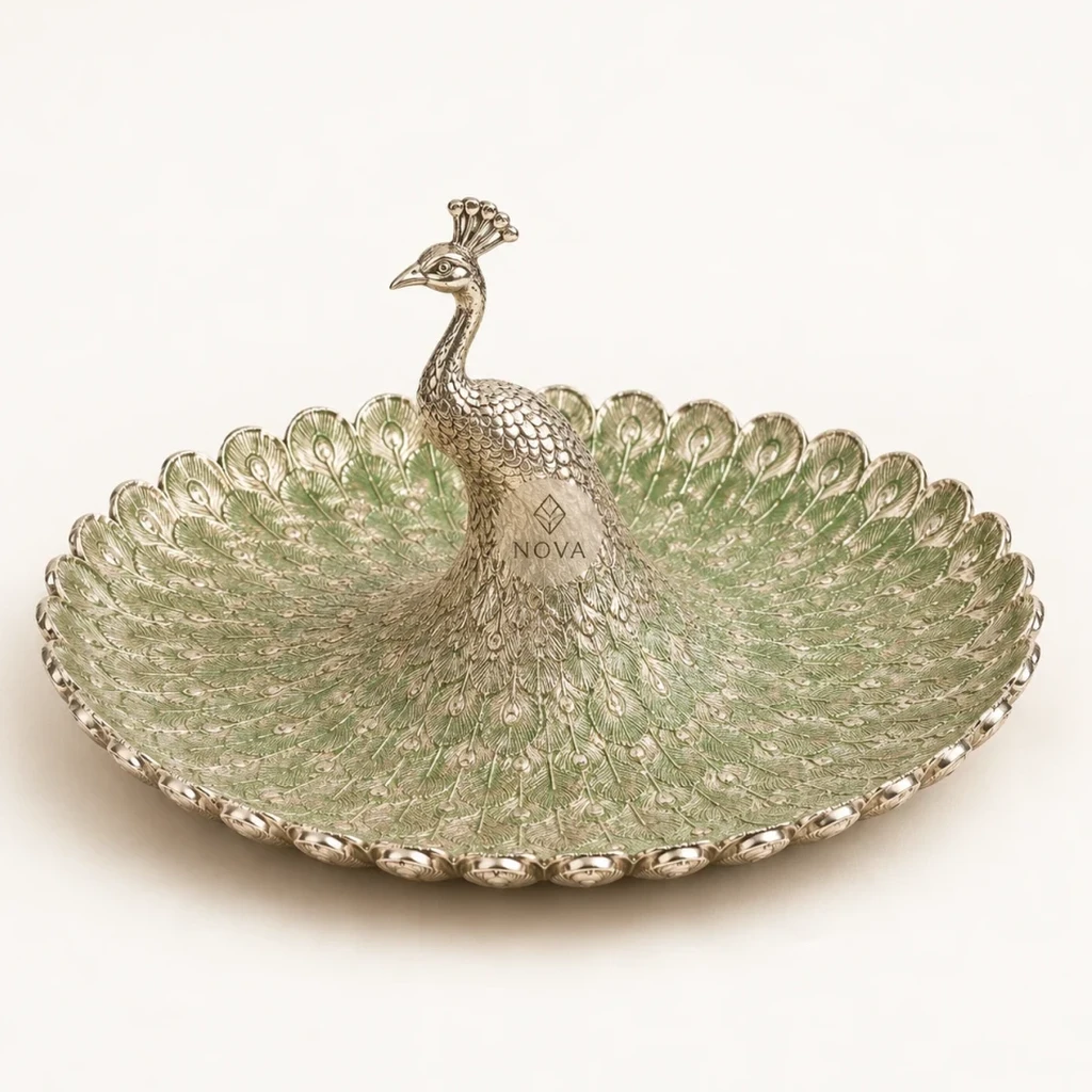 Majestic Silver & Emerald Enamel Peacock Platter