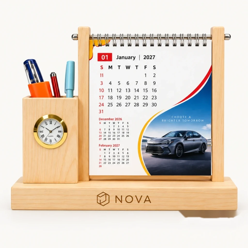 Pine Wood Desk Calendar & Clock Organizer
