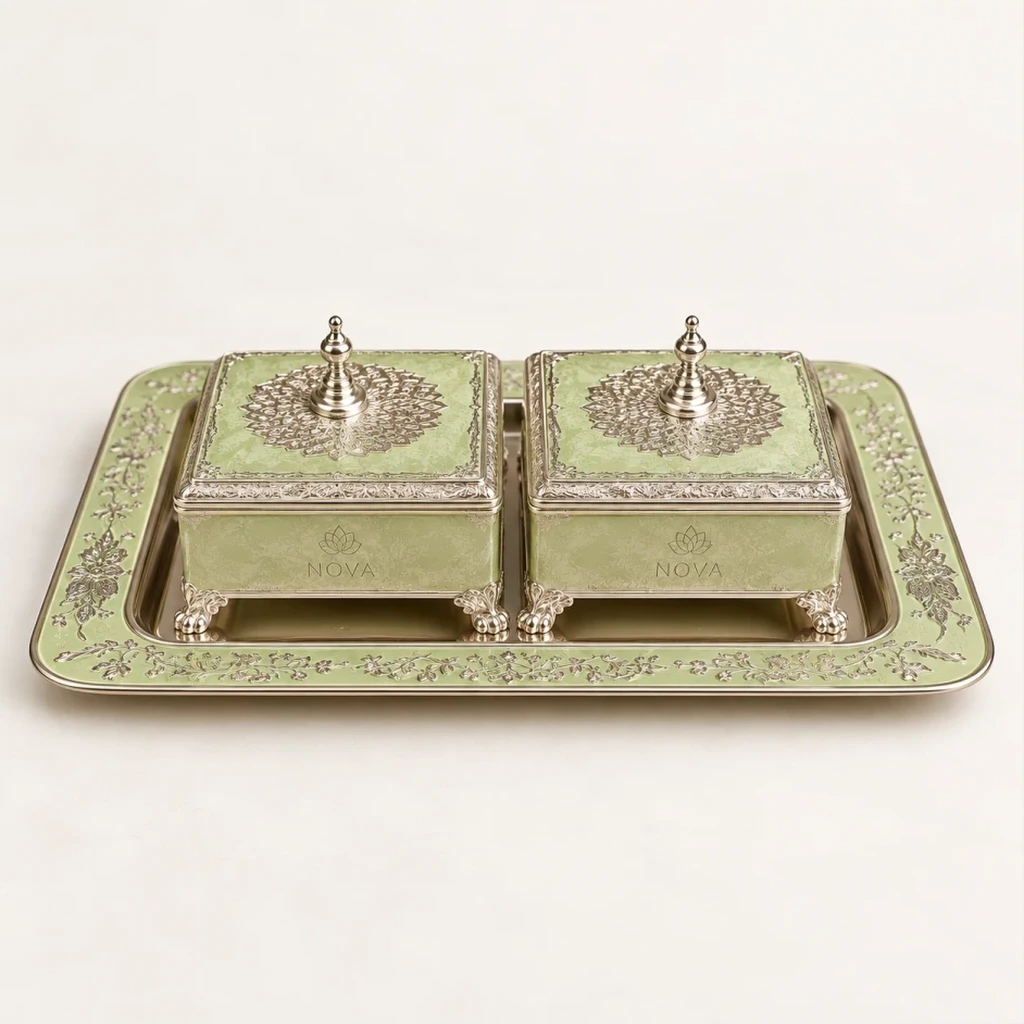 Pistachio & Silver Meenakari Casket Duo on Tray