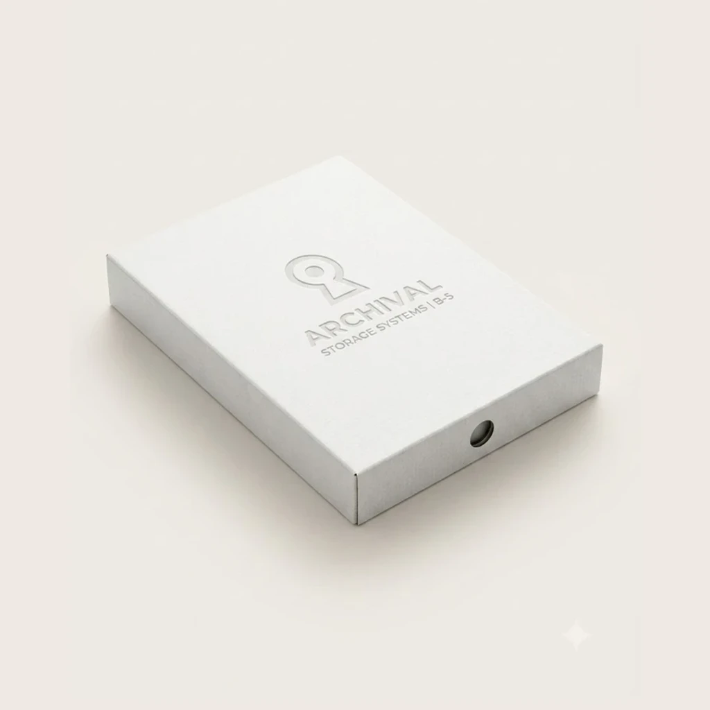 Rigid presentation gift box in white and kraft with thumb-pull notches