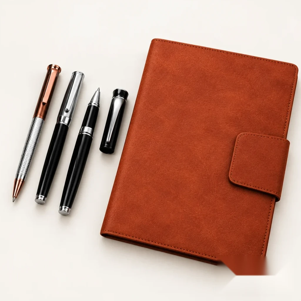 Saddle Nubuck Portfolio & Trio Pen Set