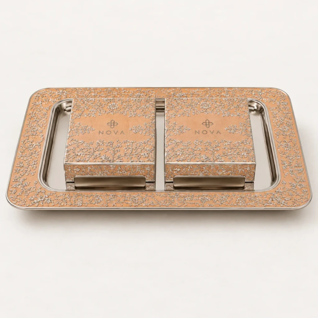 Silver Filigree Presentation Tray with Twin Caskets