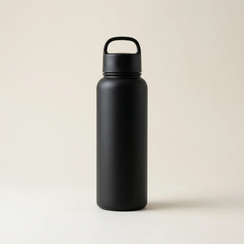 Matte black stainless steel vacuum flask with engraved logo area